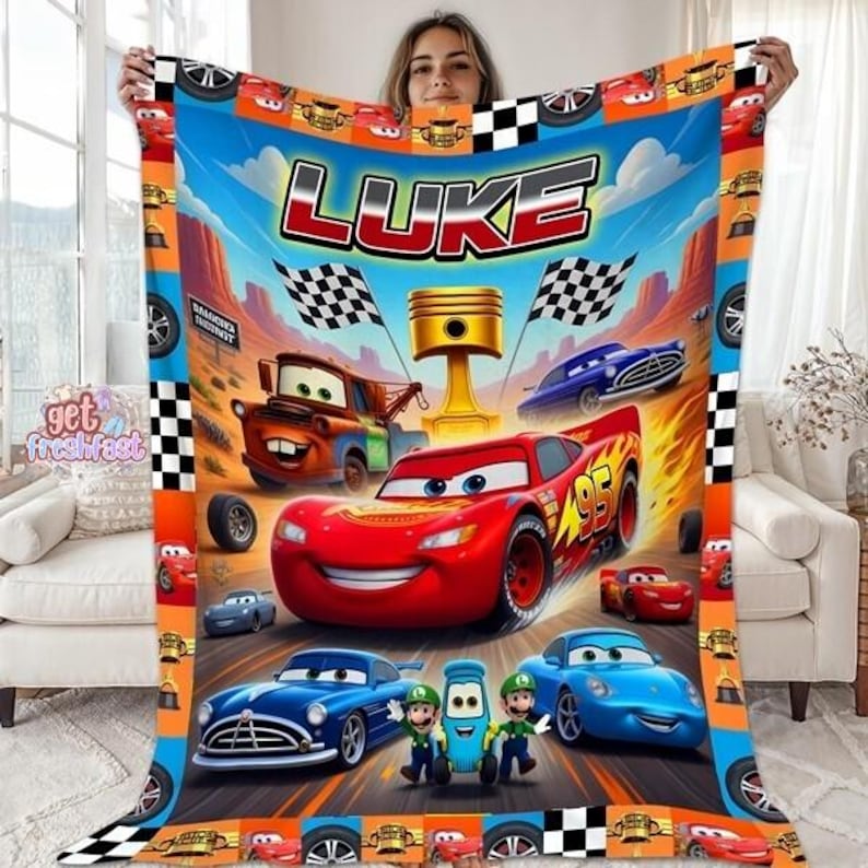Personalized Disneyland Cars Fleece Blanket, Custom Name Lightning McQueen Blanket, Cars Mario Luigi Blanket, Birthday Gift, Cars Blanket image 1