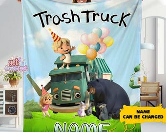 Personalized Name Trash Truck Fleece Blanket, Trash Truck Birthday Gifts Blanket, Custom Name For Kids, Baby Boy Name Blanket