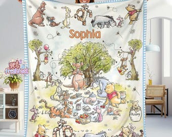 Personalized Winnie the Pooh Blanket, Custom Baby Name Blanket, Hundred Acre Wood Nursery Decor, Baby Shower Gift, Tigger Piglet Gift