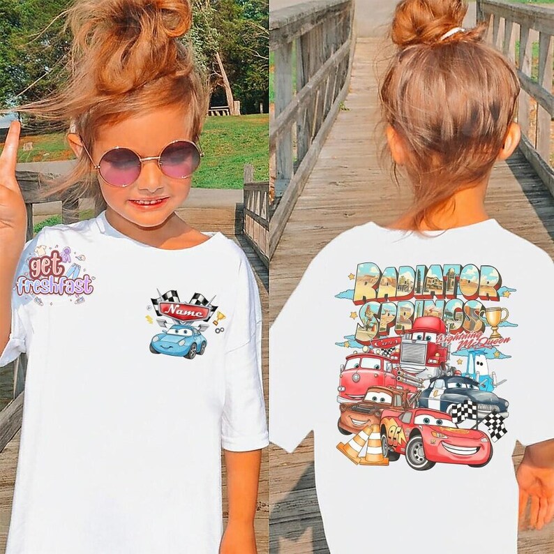 Custom Name Disney Cars Shirt, Pixar Lightning McQueen Tee, Tow Mater, Doc Hudson, Radiator Springs Shirt, Disney Family Trip, Disneyland imagem 3