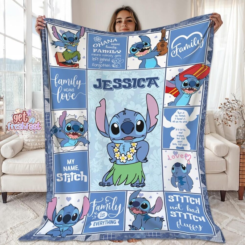 Personalized Disneyland Stitch Blanket, Disneyland Lilo Stitch Fleece Blanket, Magic Kingdom Throw Blanket, Disneyworld Christmas Gift image 1
