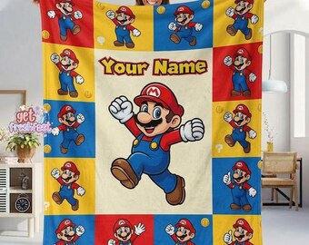 Personalized Super Mario Birthday Party Blanket, Custom Name Super Mario Fleece Blanket, Birthday Boy Home Decor