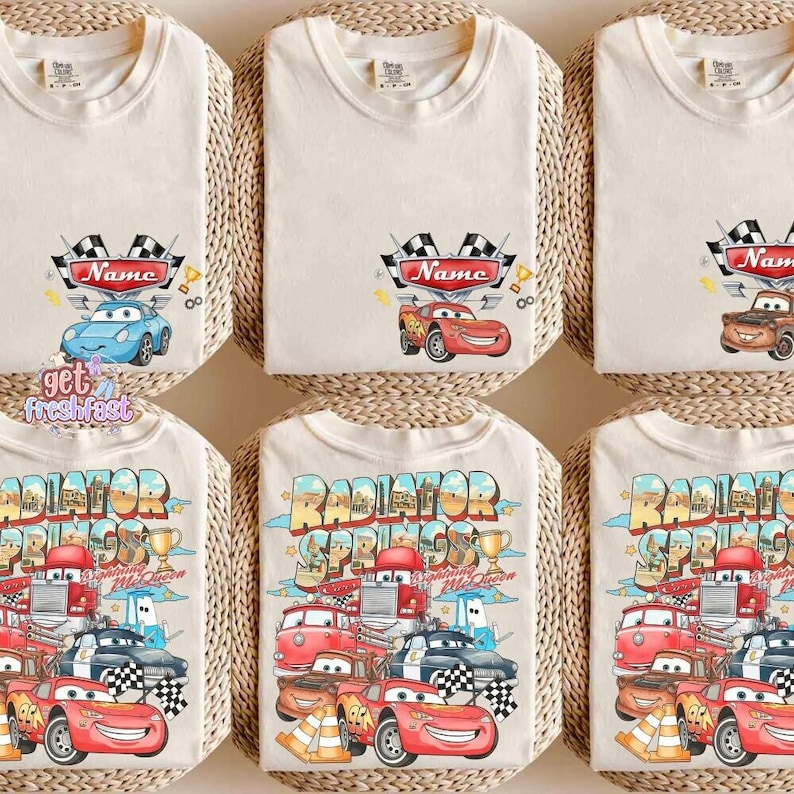Custom Name Disney Cars Shirt, Pixar Lightning McQueen Tee, Tow Mater, Doc Hudson, Radiator Springs Shirt, Disney Family Trip, Disneyland imagem 1