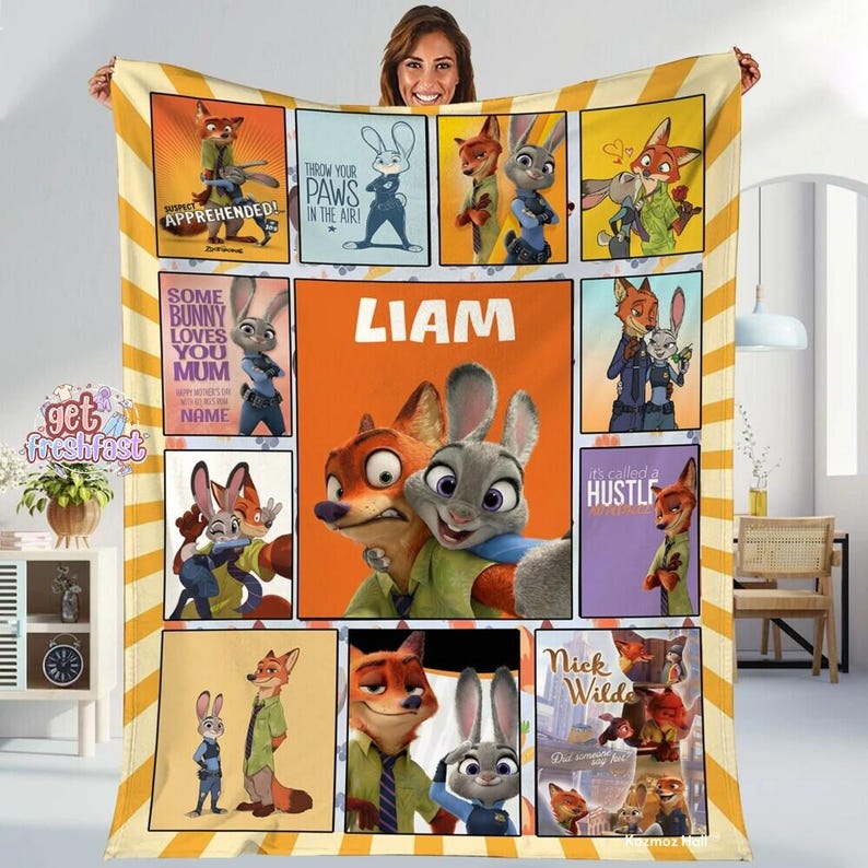Custom Zootopia Disneyland Fleece Blanket, Custom Zootopia Baby Blanket, Birthday Gift For Kids, Personalized Name Disneyland Blanket image 1
