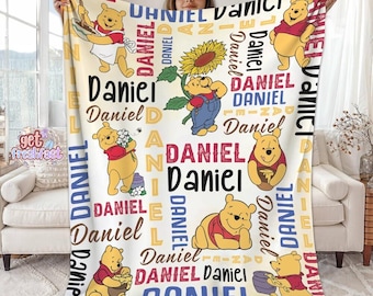 Personalized Winnie the Pooh Blanket, Custom Name Kids Throw, Pooh Bear Nursery Decor, Baby Shower Gift for Boy, Soft Fleece Blanket