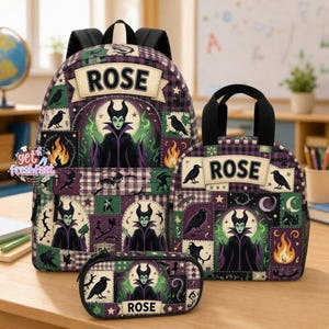 May include: A backpack, lunch bag, and pencil case set featuring a patchwork design with purple and green tones. Each item displays the name ROSE on a banner, illustrations of a green-skinned character in a black robe, ravens, and flames.