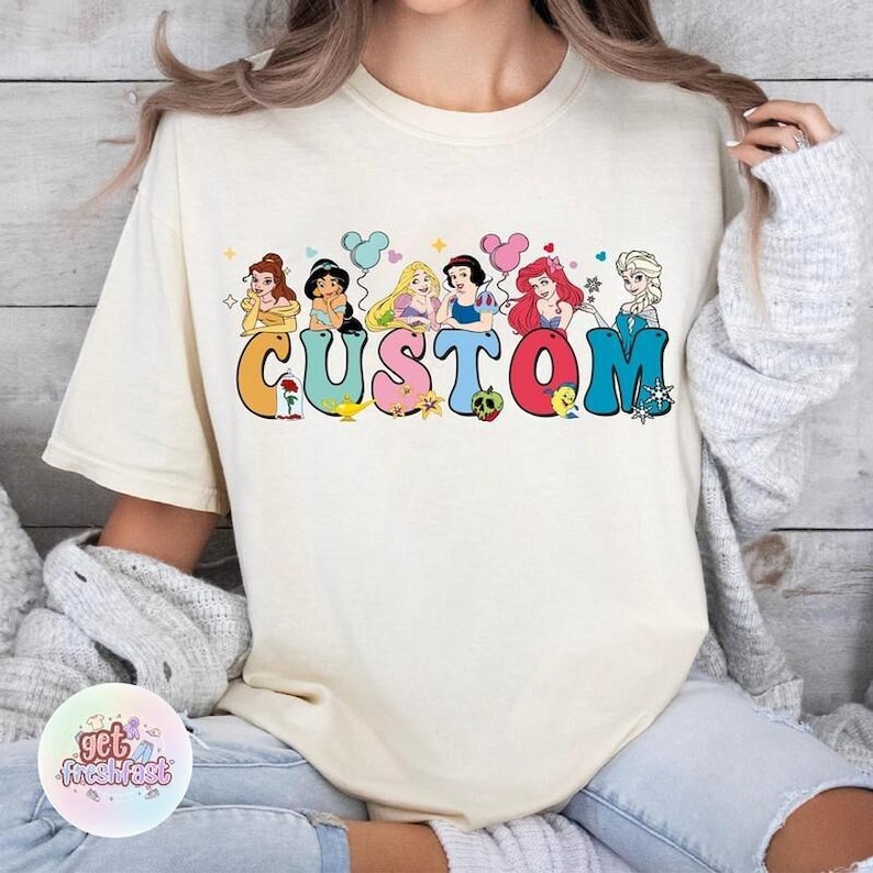 Custom Name Disneyland Princess Birthday Shirt, Princesses Belle Ariel Alphabets T-Shirt, Disneyland Family Trip Shirt, Birthday Girl Tees image 4