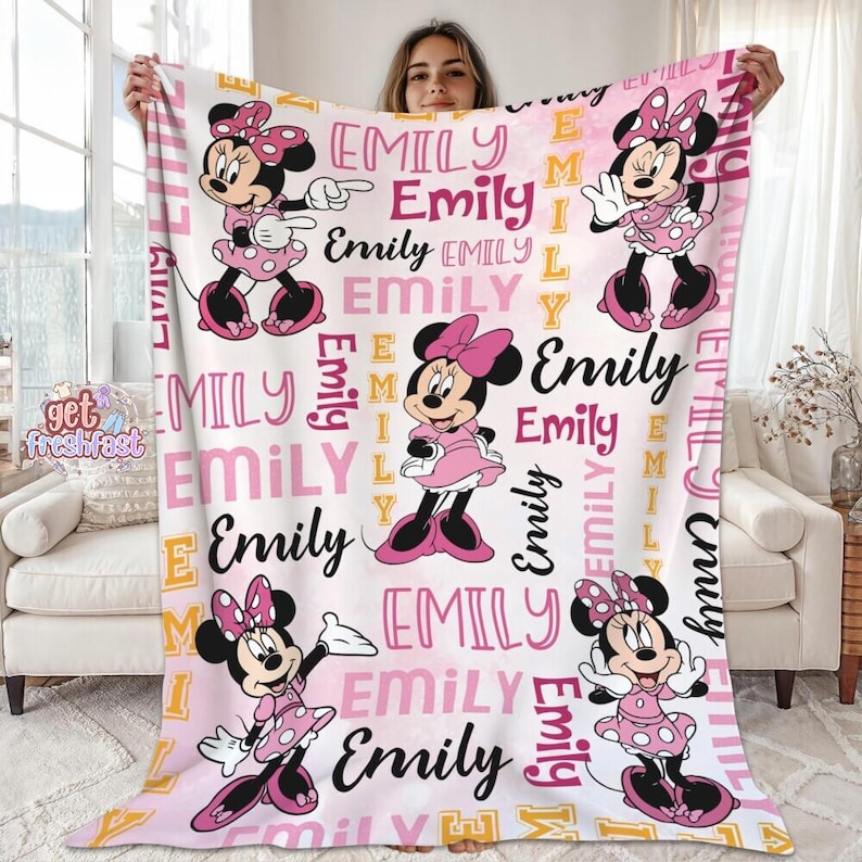 Personalized Watercolor Minnie Mouse Blanket, Custom Name Disneyland Minnie Blanket, Minnie Birthday Gifts, Disneyland Christmas Blanket image 1