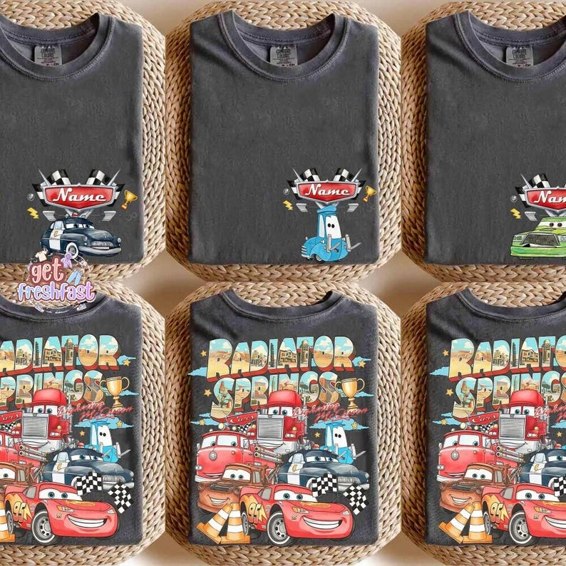 Custom Name Disney Cars Shirt, Pixar Lightning McQueen Tee, Tow Mater, Doc Hudson, Radiator Springs Shirt, Disney Family Trip, Disneyland imagem 2