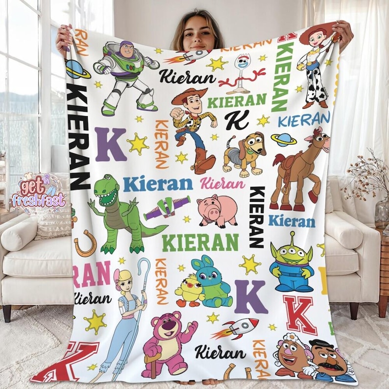 Personalized Toy Story Fleece Blanket, Toy Story Characters Blanket, Woody Buzz Lightyear Jessie, To Infinity And Beyond, Disneyland Blanket image 1