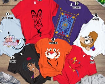 Disneyland Aladdin Abu Genie Iago Parrot Jasmine Rajah Tiger Jafar Big Face Costume Halloween Shirt, Disneyworld Family Vacation 2026 Shirt