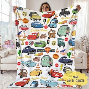 Custom Name Cars Lightning McQueen Fleece Blanket, Cars Characters Throw Blanket, Cars Movie Blanket, Cartoon Cars Blanket, Birthday Gift image 1