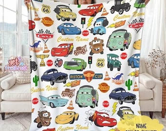 Custom Name Cars Lightning McQueen Fleece Blanket, Cars Characters Throw Blanket, Cars Movie Blanket, Cartoon Cars Blanket, Birthday Gift