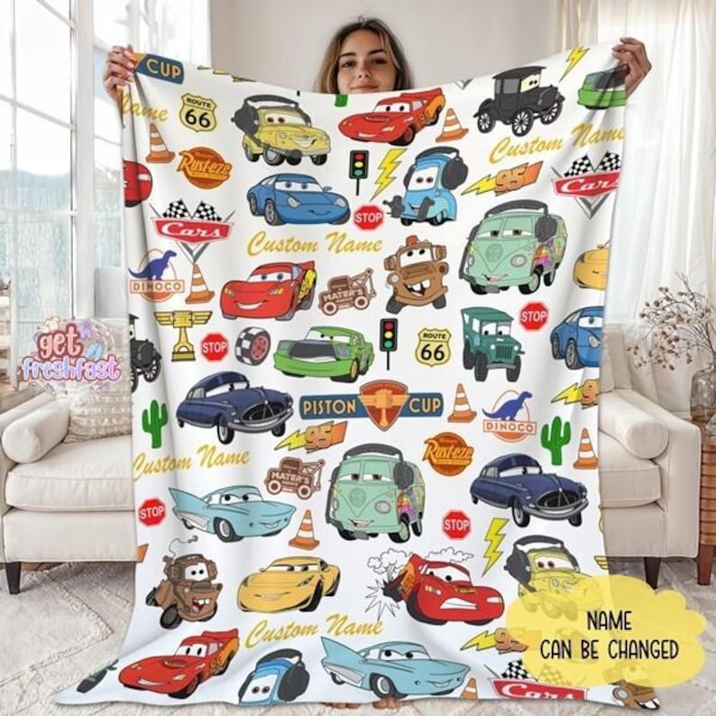 Custom Name Cars Lightning McQueen Fleece Blanket, Cars Characters Throw Blanket, Cars Movie Blanket, Cartoon Cars Blanket, Birthday Gift image 1