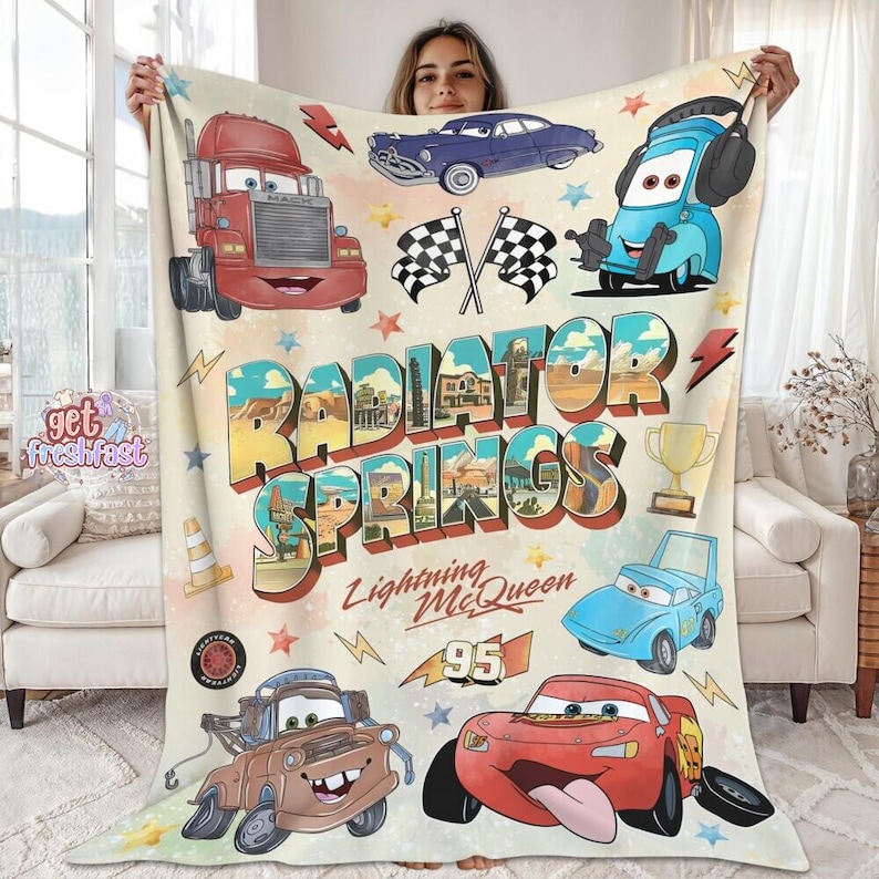 Radiator Springs Cars Movie Blanket, Cars Characters Blanket, Lightning McQueen Sally Tow Mater Cars, Disneyland Blanket, Magic Kingdom Trip image 1