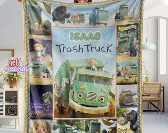 Custom Trash Truck Fleece Blanket, Trash Truck Birthday Gifts Blanket, Kids Name Plush Throw, Gift for Boys Nursery