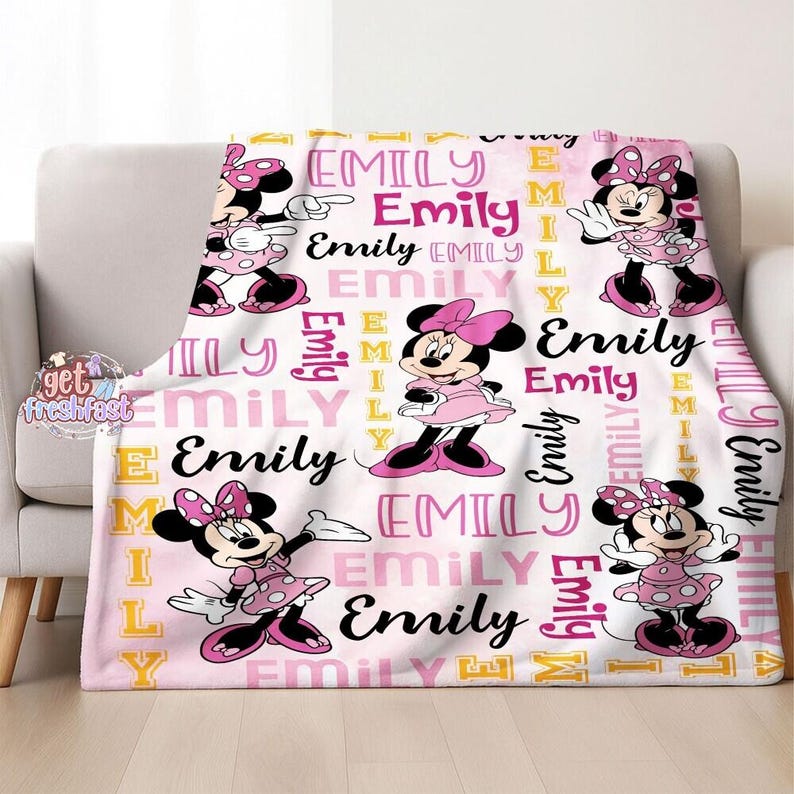 Personalized Watercolor Minnie Mouse Blanket, Custom Name Disneyland Minnie Blanket, Minnie Birthday Gifts, Disneyland Christmas Blanket image 2