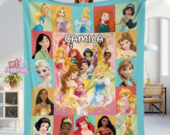Personalized Disneyland Princesses Blanket, Custom Name Kids Throw, Magical Princess Bedding, Gift for Little Girl, Girls Decor