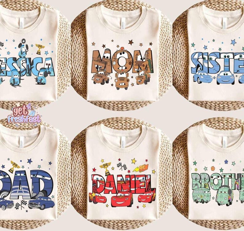Custom Name Disneyland Pixar Cars Characters Group Shirt, Personalized MC Queen Tow Mater Sally Tee, Disneyland Family 2026 Matching Shirt bild 1