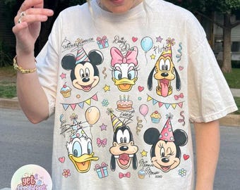 Watercolor Mickey & Friends Signature Birthday Shirt, Disneyland Mickey Minnie Donald Pluto Birthday Present Gift, Disneyland Family Trip
