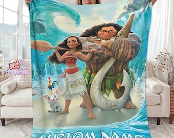 Personalized Moana Princess Blanket, Custom Name Princess With Pig Chicken Beach Blanket, Magic Kingdom Characters Blanket, Princess Blanket