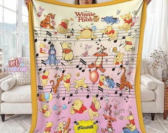 Personalized Winnie the Pooh Blanket, Music Notes Nursery Bedding, Custom Baby Shower Gift, Kids Name Plush Throw, Hundred Acre Wood Decor