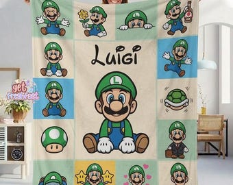 Personalized Name Super Mario Blanket, Custom Luigi Baby Blanket, Birthday Gift, Birthday Boy Mario Lovers Gift Home Decoration