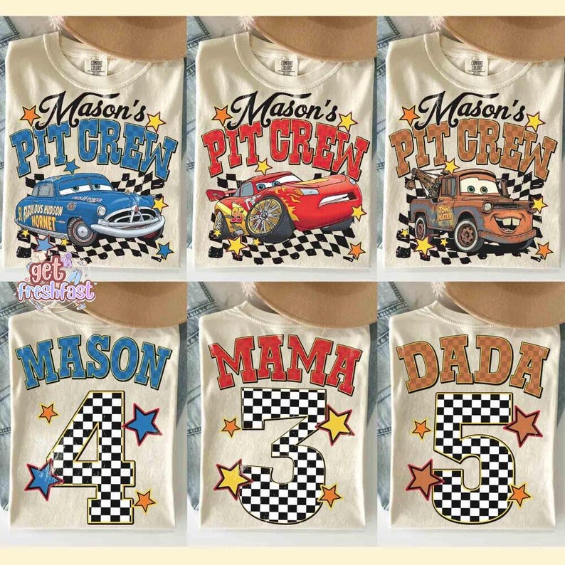 2-sided Pit Crew Disney Cars Shirts, Lightning McQueen Mater Sally Carrera Doc Hudson Racing Cars Land Group Matching Tee, Family Vacation image 1