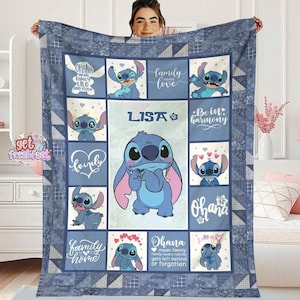 Personalized Lilo and Stitch Blanket, Stitch Ohana Throw, Custom Name Disneyland Bedding, Lilo Stitch Fleece Quilt, Gift for Kids Nursery image 1