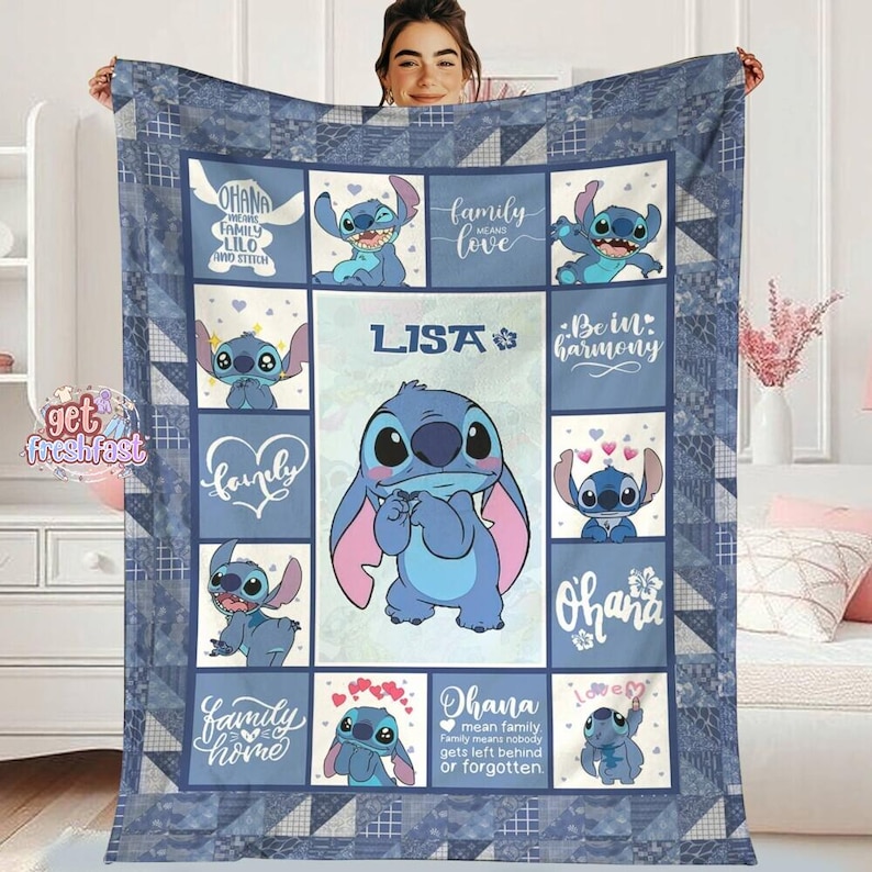 Personalized Lilo and Stitch Blanket, Stitch Ohana Throw, Custom Name Disneyland Bedding, Lilo Stitch Fleece Quilt, Gift for Kids Nursery image 1