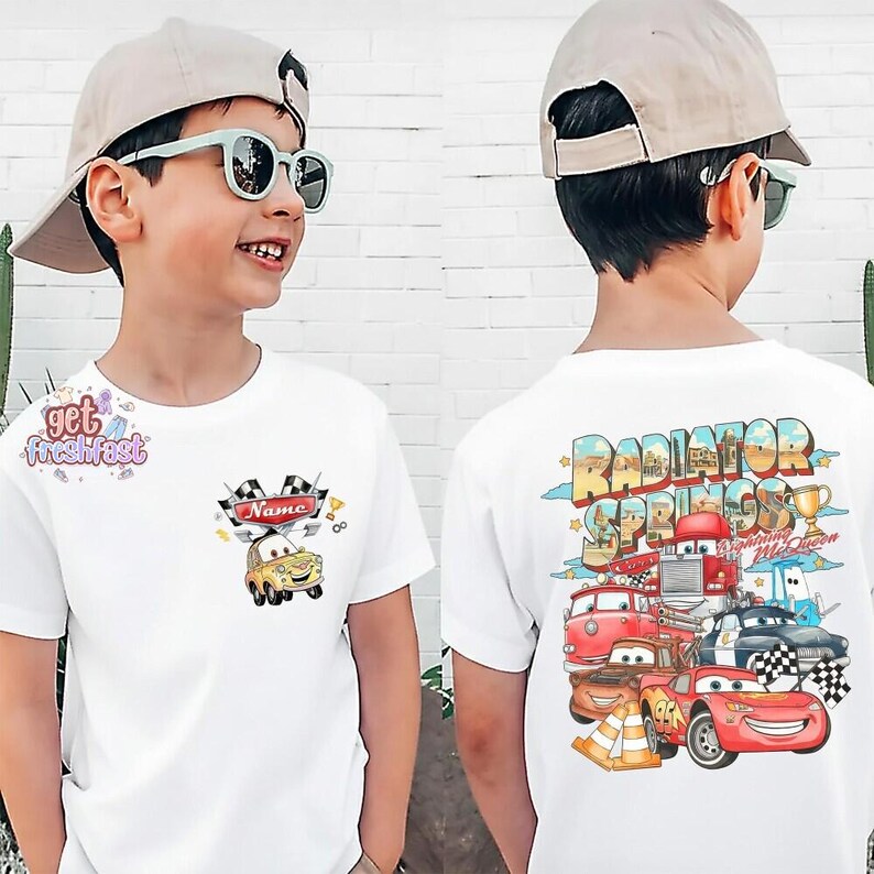 Custom Name Disney Cars Shirt, Pixar Lightning McQueen Tee, Tow Mater, Doc Hudson, Radiator Springs Shirt, Disney Family Trip, Disneyland imagem 4