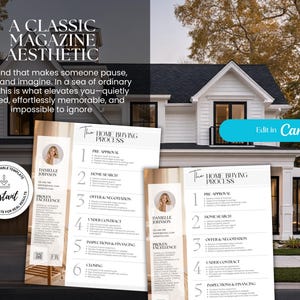 May include: Aesthetic magazine template with the text "A CLASSIC MAGAZINE AESTHETIC". The template includes a photo of a woman and the text "The HOME BUYING PROCESS". The template is fully editable and instant.