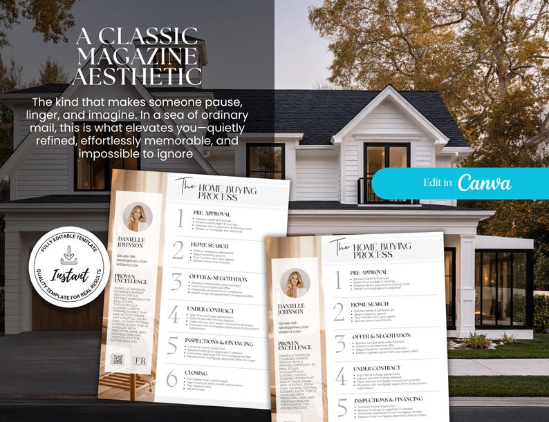 May include: Aesthetic magazine template with the text "A CLASSIC MAGAZINE AESTHETIC". The template includes a photo of a woman and the text "The HOME BUYING PROCESS". The template is fully editable and instant.