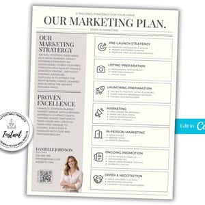 May include: A cream-coloured marketing plan template titled "Our Marketing Plan." The document details marketing steps, including strategy, preparation, and negotiation. A woman is pictured at the bottom. The words "Edit in Canva" are in the bottom right corner.