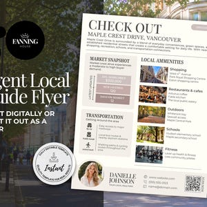 May include: A real estate agent local guide flyer template for Maple Crest Drive in Vancouver. The document features sections for market snapshots, local amenities, transportation, and contact information for Danielle Johnson, including a QR code.