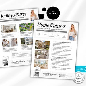 May include: Two white real estate flyer templates titled Home features with photos of home interiors, exteriors, and a person. The flyers include sections for property details, recent upgrades, and contact information for Danielle Johnson, featuring a QR code.