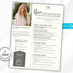 Op de afbeelding: Een vastgoedflyer met een foto van Danielle Johnson, makelaar. De flyer bevat contactgegevens, een QR-code en details over het kopen en verkopen van huizen. Het ontwerp is voornamelijk wit met zwarte tekst.