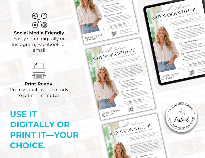 Puede incluir: Plantilla de marketing digital para un agente inmobiliario, con una foto de una mujer con blusa blanca y vaqueros. El dise&ntilde;o incluye el texto "Por qu&eacute; trabajar conmigo" y "Apto para redes sociales" con iconos.