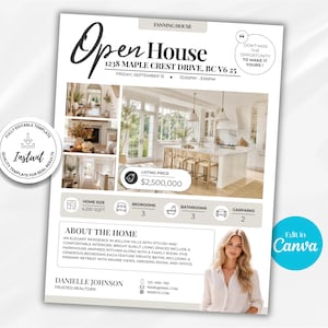 Può includere: Un modello di volantino immobiliare per un open house al 1238 di Maple Crest Drive. Il documento presenta foto di una cucina e di un soggiorno, un prezzo di vendita di 2.500.000 $, le specifiche della casa e i contatti dell'agente immobiliare.