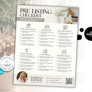 Puede incluir: Un documento de lista de verificación de pre-listado en blanco con secciones para áreas de estar, dormitorios, cocina y baño, detalles del hogar, atractivo exterior y preparación. Incluye una foto, información de contacto y un código QR.