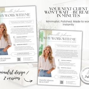 Puede incluir: Dos folletos blancos y grises con el texto "Danielle Johnson WHY WORK WITH ME" y "YOUR LOCAL AGENT". Los folletos presentan a una mujer con camisa blanca y vaqueros. Tambi&eacute;n es visible el texto "YOUR NEXT CLIENT WON'T WAIT - BE READY IN MINUTES".