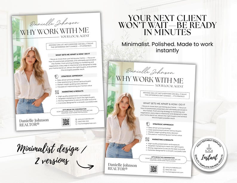 Puede incluir: Dos folletos blancos y grises con el texto "Danielle Johnson WHY WORK WITH ME" y "YOUR LOCAL AGENT". Los folletos presentan a una mujer con camisa blanca y vaqueros. Tambi&eacute;n es visible el texto "YOUR NEXT CLIENT WON'T WAIT - BE READY IN MINUTES".