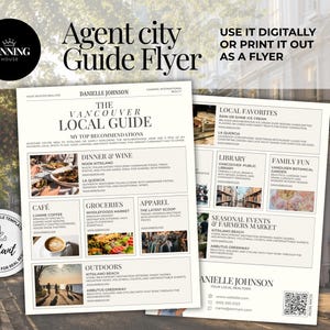 May include: A digital flyer template titled The Vancouver Local Guide by Danielle Johnson, featuring sections for dinner, wine, cafes, groceries, apparel, local favourites, libraries, family fun, and seasonal events with placeholder text and images.