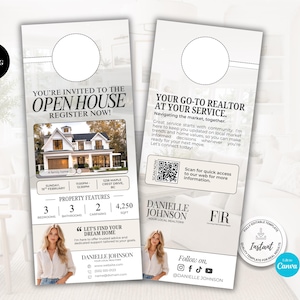 May include: Two vertical door hanger templates featuring real estate marketing content. The left side displays an open house invitation with a house photo, property features, and contact details. The right side lists realtor services with a QR code.