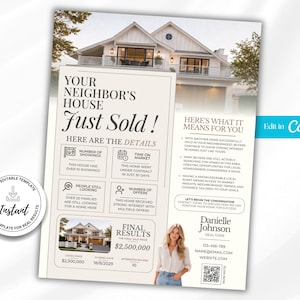 May include: A real estate flyer template featuring a photo of a white house, the text 'YOUR NEIGHBOR'S HOUSE Just Sold!', and sections detailing market statistics, final sale price of $2,500,000, realtor contact information, and a QR code.