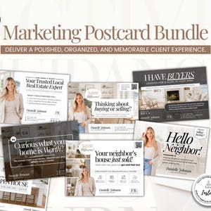 May include: A marketing postcard bundle featuring multiple real estate templates with text including Marketing Postcard Bundle, Your Trusted Local Real Estate Expert, Thinking about buying or selling, I Have Buyers, Curious what your home is Worth, and Hello Neighbor.