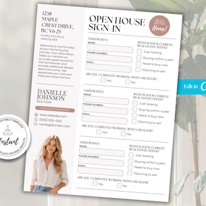May include: A white and light pink open house sign-in sheet with the text "Open House Sign-In". The form includes fields for visitor information and real estate needs. The template is labeled as "Instant" and "Fully Editable".