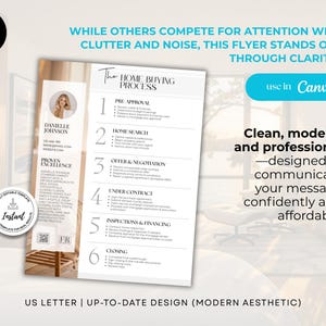 May include: A clean, modern flyer design with the text "The Home Buying Process" and a photo of a woman. The flyer includes the text "use in Canva" and "Clean, modern, and professional". The design is labeled "US LETTER | UP-TO-DATE DESIGN (MODERN AESTHETIC)".