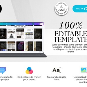 Puede incluir: Un port&aacute;til que muestra una plantilla 100% editable con varios dise&ntilde;os. La imagen incluye texto que dice "Cambia los textos para que se ajusten a tu proyecto", "Edita los colores para que coincidan con tu marca", "Fuentes gratuitas y editables".