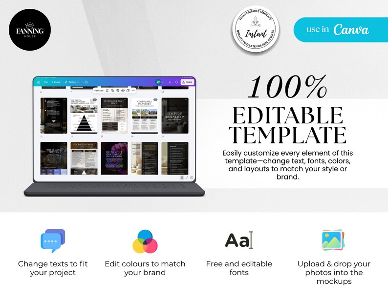Puede incluir: Un port&aacute;til que muestra una plantilla 100% editable con varios dise&ntilde;os. La imagen incluye texto que dice "Cambia los textos para que se ajusten a tu proyecto", "Edita los colores para que coincidan con tu marca", "Fuentes gratuitas y editables".